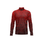 A long-sleeve mock neck shirt featuring a dark red and black swirling pattern, displayed on a solid white background.
