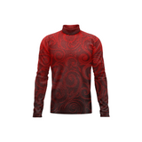A long-sleeve mock neck shirt featuring a dark red and black swirling pattern, displayed on a solid white background.