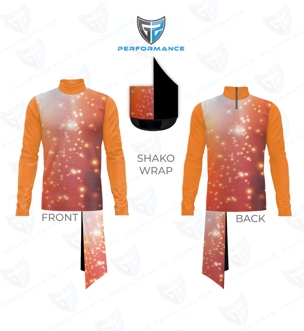 Front and back views of a long-sleeve cycling jersey with a shako wrap design, featuring a warm-toned orange and pink galaxy/space print with white star-like speckles. Includes a front view with the wrap folded down, a back view with the wrap folded up, and a graphic showing the shako wrap detail.