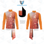 Front and back views of a long-sleeve cycling jersey with a shako wrap design, featuring a warm-toned orange and pink galaxy/space print with white star-like speckles. Includes a front view with the wrap folded down, a back view with the wrap folded up, and a graphic showing the shako wrap detail.