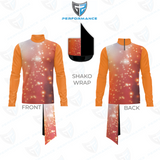 Front and back views of a long-sleeve cycling jersey with a shako wrap design, featuring a warm-toned orange and pink galaxy/space print with white star-like speckles. Includes a front view with the wrap folded down, a back view with the wrap folded up, and a graphic showing the shako wrap detail.