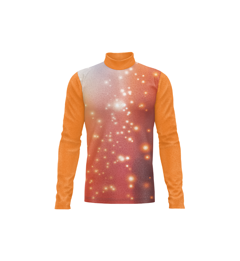 A long-sleeve mock neck shirt with solid orange sleeves and a gradient front body transitioning from light gray to a warm reddish-orange, decorated with a white and gold bokeh light pattern.