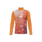 A long-sleeve mock neck shirt with solid orange sleeves and a gradient front body transitioning from light gray to a warm reddish-orange, decorated with a white and gold bokeh light pattern.
