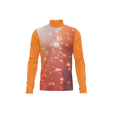 A long-sleeve mock neck shirt with solid orange sleeves and a gradient front body transitioning from light gray to a warm reddish-orange, decorated with a white and gold bokeh light pattern.