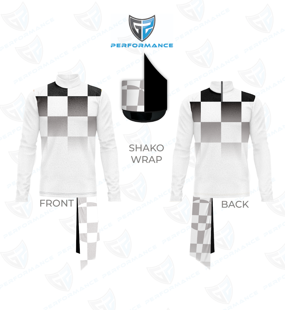 A product presentation of a white long-sleeve athletic top with a black and gray checkered 'shako' wrap design on the chest and lower hem, shown from both front and back views, along with a 3D mockup of the wrap and a logo at the top.