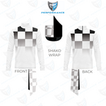 A product presentation of a white long-sleeve athletic top with a black and gray checkered 'shako' wrap design on the chest and lower hem, shown from both front and back views, along with a 3D mockup of the wrap and a logo at the top.