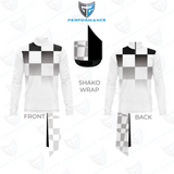 A product presentation of a white long-sleeve athletic top with a black and gray checkered 'shako' wrap design on the chest and lower hem, shown from both front and back views, along with a 3D mockup of the wrap and a logo at the top.