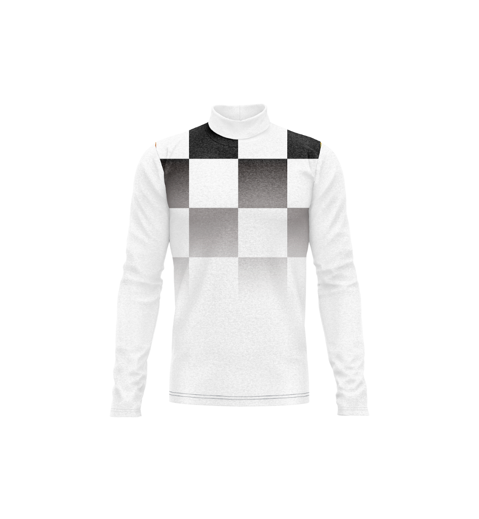 A white long-sleeve mock neck shirt featuring a black and gray checkerboard pattern across the chest and shoulders, displayed on a clean white background.