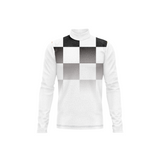 A white long-sleeve mock neck shirt featuring a black and gray checkerboard pattern across the chest and shoulders, displayed on a clean white background.