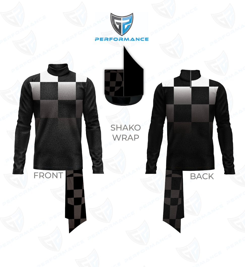 Black long-sleeve mock-neck shirt with a checkerboard pattern across the chest and a matching checkered tie, shown from front and back with a separate swatch labeled 'SHAKO WRAP'.