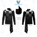 Black long-sleeve mock-neck shirt with a checkerboard pattern across the chest and a matching checkered tie, shown from front and back with a separate swatch labeled 'SHAKO WRAP'.
