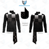 Black long-sleeve mock-neck shirt with a checkerboard pattern across the chest and a matching checkered tie, shown from front and back with a separate swatch labeled 'SHAKO WRAP'.