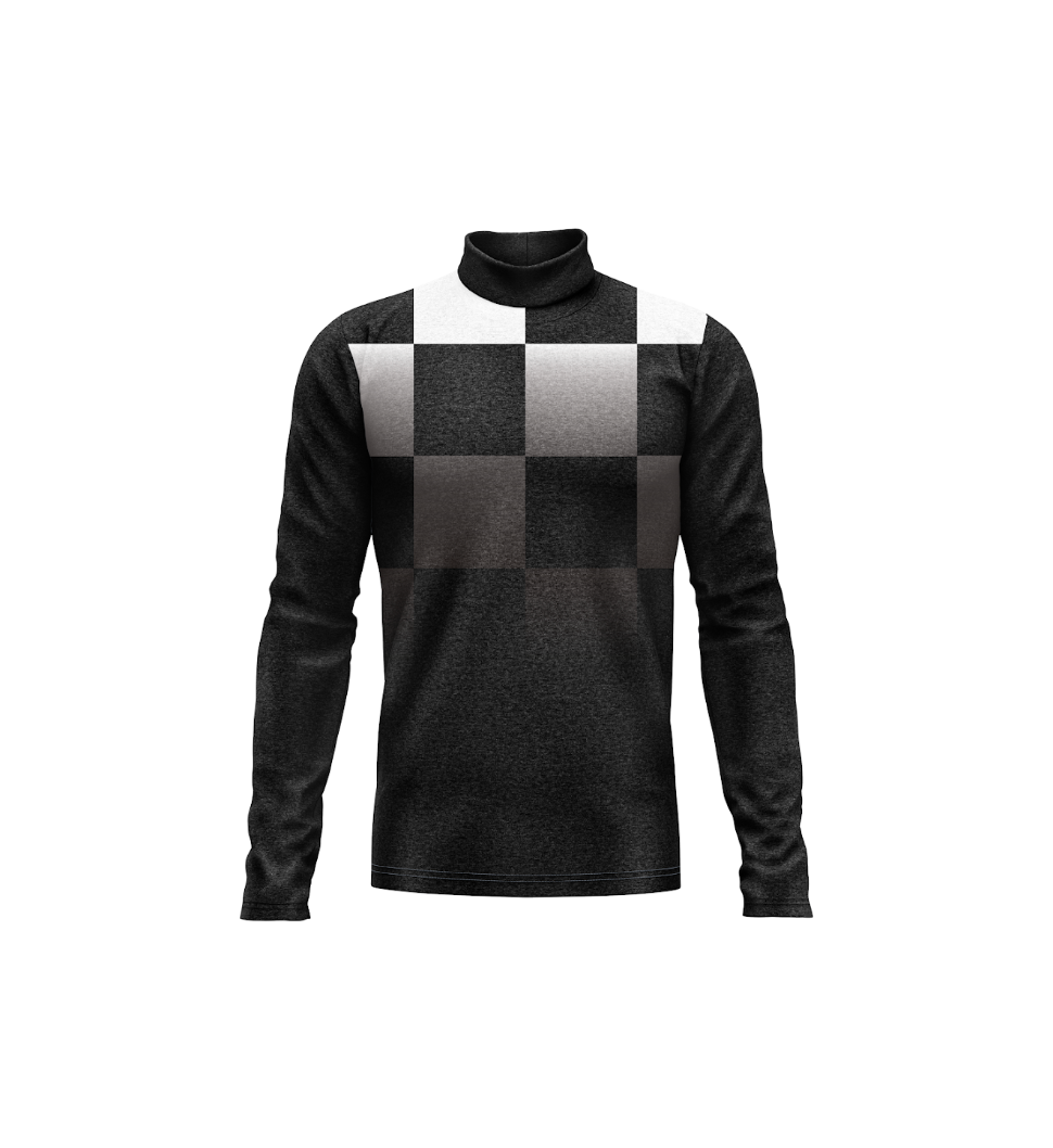 A long-sleeve mock neck shirt in black with a large black, gray, and white checkerboard pattern across the chest, displayed on a clean white background.