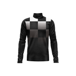 A long-sleeve mock neck shirt in black with a large black, gray, and white checkerboard pattern across the chest, displayed on a clean white background.