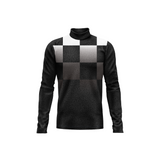 A long-sleeve mock neck shirt in black with a large black, gray, and white checkerboard pattern across the chest, displayed on a clean white background.