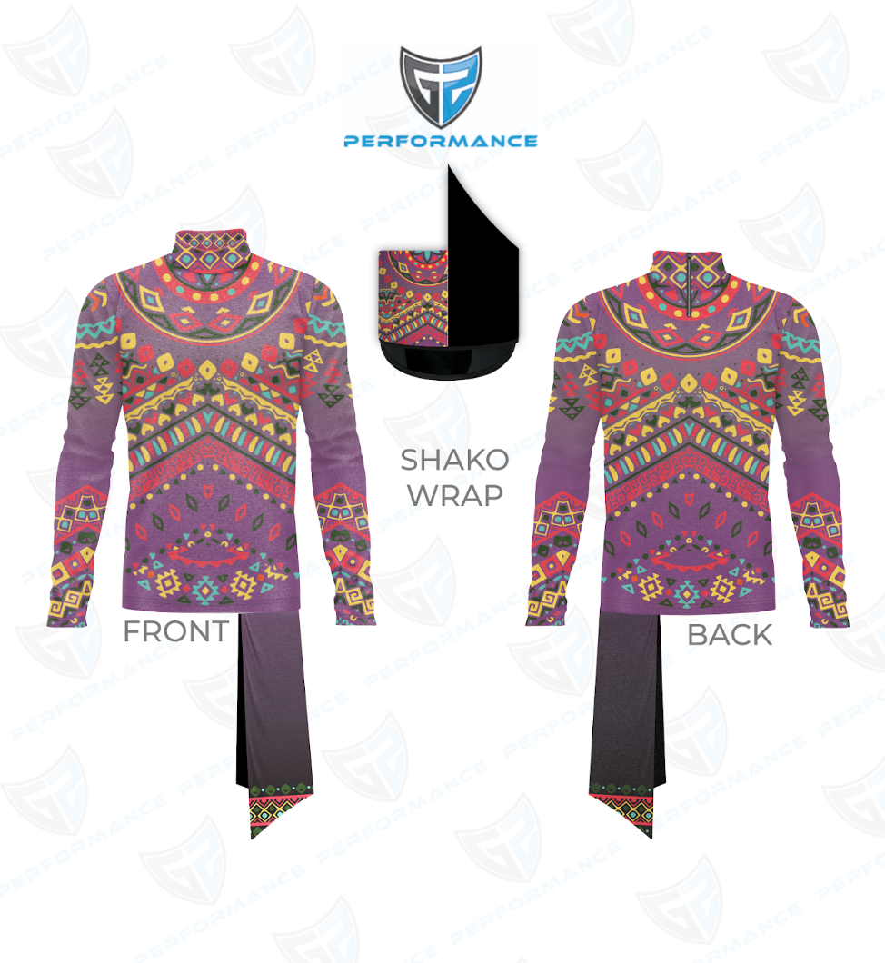 A long-sleeve mock-neck performance garment shown from the front and back on a white background, with a small inset labeled 'SHAKO WRAP' showing a dark wrap panel. The garment has a colorful geometric pattern in purple, pink, orange, yellow, and blue, with dark gray lower panels.