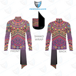 A long-sleeve mock-neck performance garment shown from the front and back on a white background, with a small inset labeled 'SHAKO WRAP' showing a dark wrap panel. The garment has a colorful geometric pattern in purple, pink, orange, yellow, and blue, with dark gray lower panels.