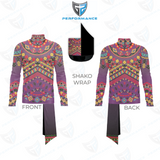 A long-sleeve mock-neck performance garment shown from the front and back on a white background, with a small inset labeled 'SHAKO WRAP' showing a dark wrap panel. The garment has a colorful geometric pattern in purple, pink, orange, yellow, and blue, with dark gray lower panels.
