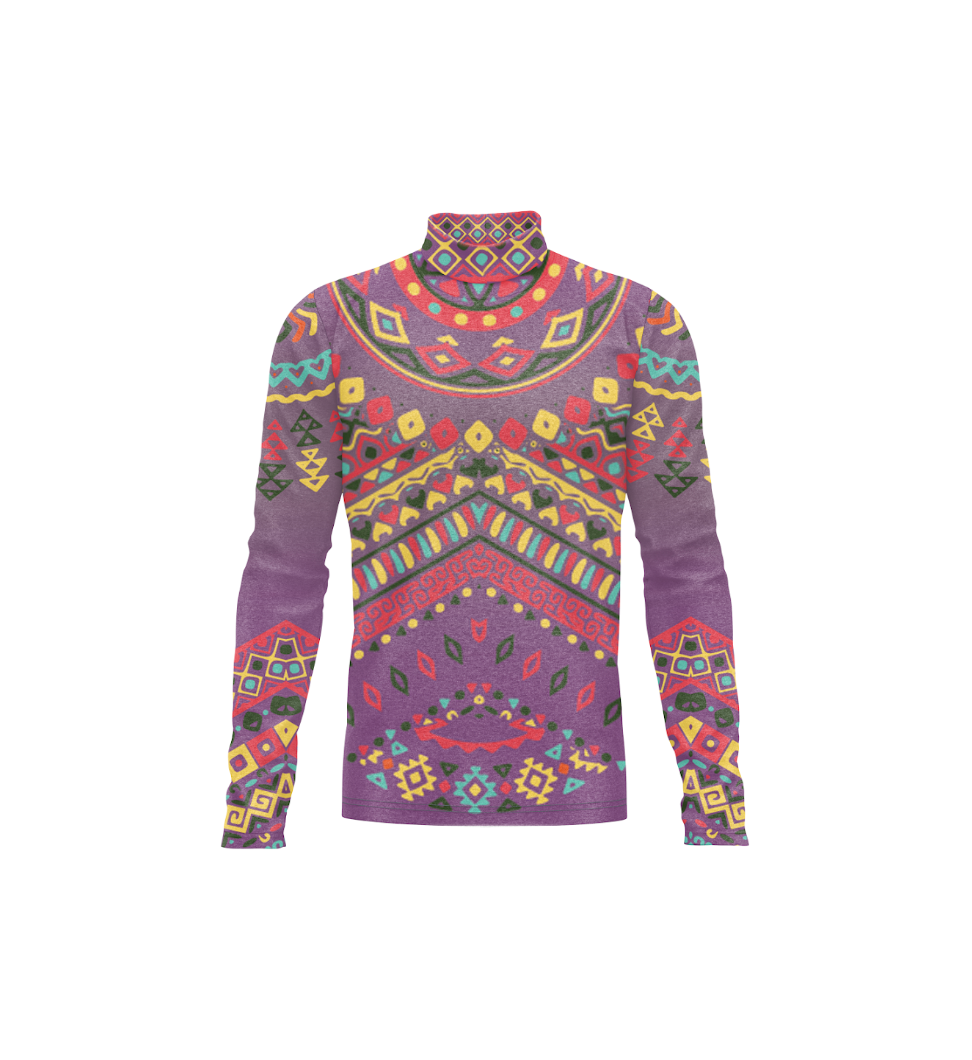 A long-sleeve mock neck shirt featuring a vibrant, all-over geometric and tribal-inspired pattern in purple, red, yellow, green, and blue on a solid white background.