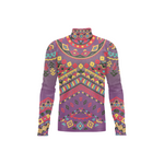 A long-sleeve mock neck shirt featuring a vibrant, all-over geometric and tribal-inspired pattern in purple, red, yellow, green, and blue on a solid white background.