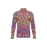 A long-sleeve mock neck shirt featuring a vibrant, all-over geometric and tribal-inspired pattern in purple, red, yellow, green, and blue on a solid white background.