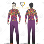 Front and back views of a custom-printed athletic uniform featuring a purple base with a colorful geometric pattern on the chest and cuffs, shown on a white background with a 'Performance' logo.