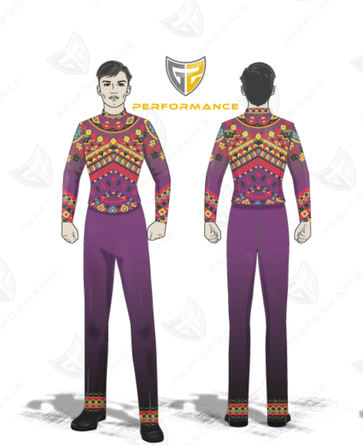 Front and back views of a custom-printed athletic uniform featuring a purple base with a colorful geometric pattern on the chest and cuffs, shown on a white background with a 'Performance' logo.
