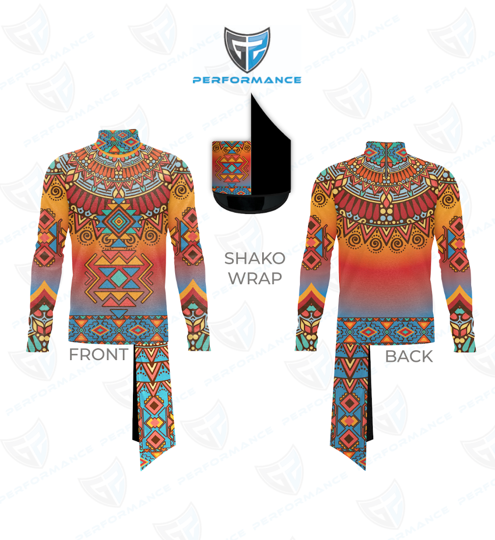 Front and back views of a long-sleeve athletic performance top with a colorful geometric tribal pattern, shown on a white background with a small inset of the shako wrap detail.