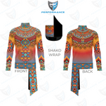 Front and back views of a long-sleeve athletic performance top with a colorful geometric tribal pattern, shown on a white background with a small inset of the shako wrap detail.