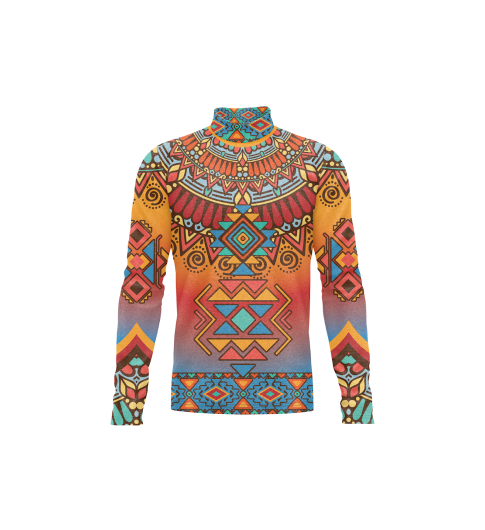A long-sleeve mock neck shirt featuring a vibrant, all-over geometric and tribal-inspired pattern with a gradient transitioning from orange and red at the top to blue and teal at the bottom, displayed on a clean white background.