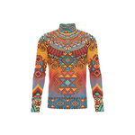 A long-sleeve mock neck shirt featuring a vibrant, all-over geometric and tribal-inspired pattern with a gradient transitioning from orange and red at the top to blue and teal at the bottom, displayed on a clean white background.