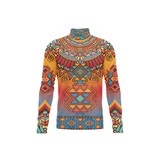 A long-sleeve mock neck shirt featuring a vibrant, all-over geometric and tribal-inspired pattern with a gradient transitioning from orange and red at the top to blue and teal at the bottom, displayed on a clean white background.