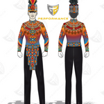 Front and back views of a custom military-style marching band uniform on a white background, featuring a colorful geometric patterned shirt, black pants, and a black plumed hat. A shield logo with 'PERFORMANCE' is visible in the center.