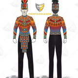 Front and back views of a custom military-style marching band uniform on a white background, featuring a colorful geometric patterned shirt, black pants, and a black plumed hat. A shield logo with 'PERFORMANCE' is visible in the center.