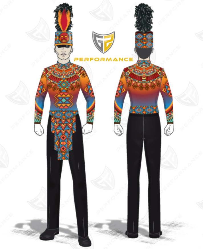 Front and back views of a custom military-style marching band uniform on a white background, featuring a colorful geometric patterned shirt, black pants, and a black plumed hat. A shield logo with 'PERFORMANCE' is visible in the center.