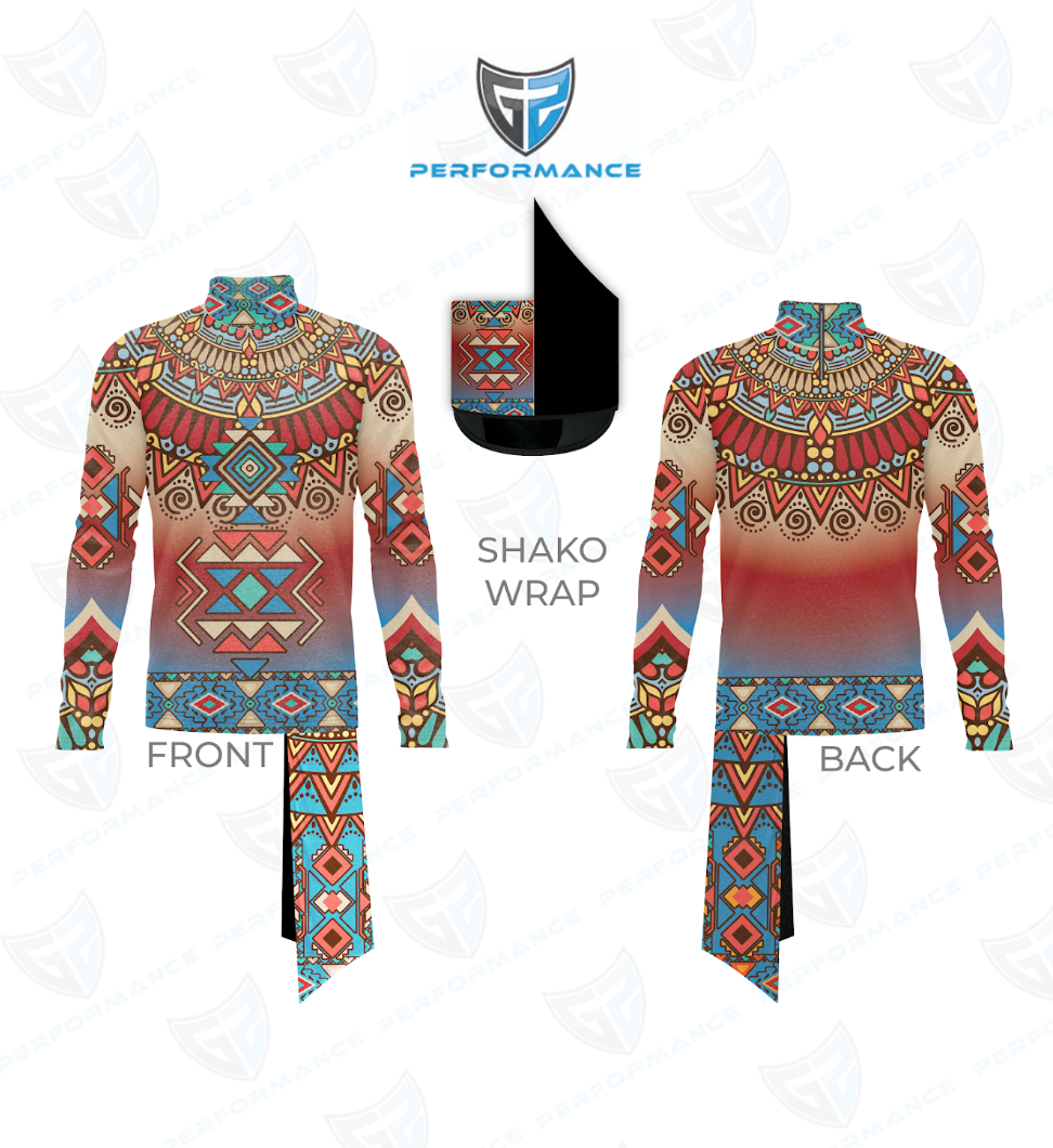 Front and back views of a long-sleeve athletic shako wrap top with a colorful geometric tribal pattern and a red-to-blue gradient, shown on a white background with a brand shield and 'SHAKO WRAP' label.