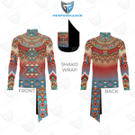 Front and back views of a long-sleeve athletic shako wrap top with a colorful geometric tribal pattern and a red-to-blue gradient, shown on a white background with a brand shield and 'SHAKO WRAP' label.