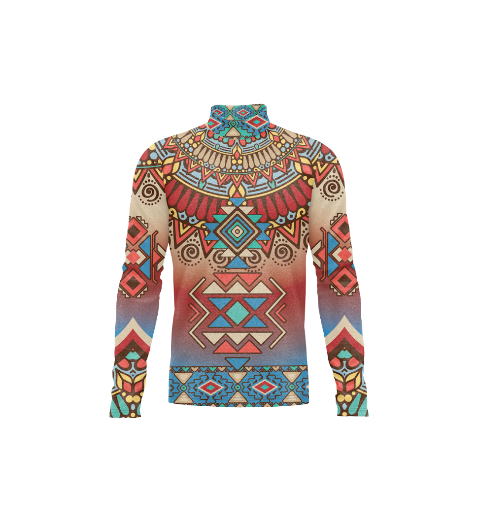A long-sleeve mock neck shirt featuring a vibrant, all-over geometric tribal pattern with a gradient transitioning from beige at the top to red in the middle and blue at the bottom, shown on a plain white background.