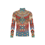 A long-sleeve mock neck shirt featuring a vibrant, all-over geometric tribal pattern with a gradient transitioning from beige at the top to red in the middle and blue at the bottom, shown on a plain white background.