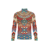 A long-sleeve mock neck shirt featuring a vibrant, all-over geometric tribal pattern with a gradient transitioning from beige at the top to red in the middle and blue at the bottom, shown on a plain white background.
