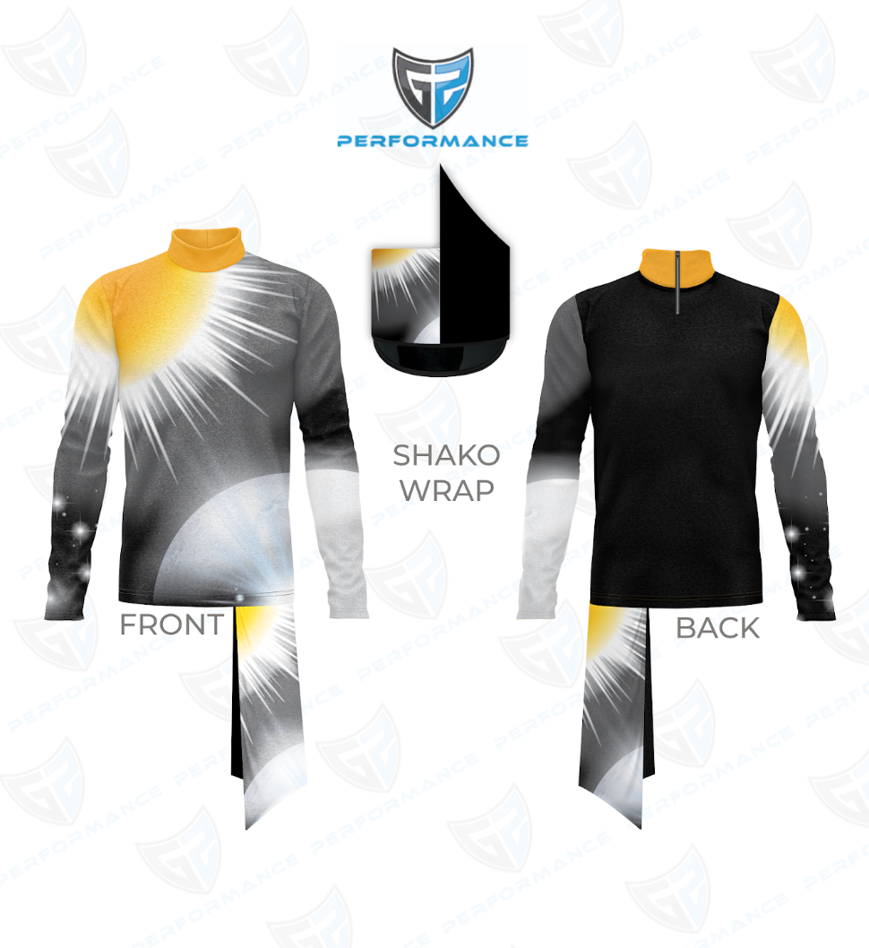 Front and back views of a long-sleeve performance uniform with a yellow mock turtleneck collar, a gray-to-black gradient design featuring a white sunburst graphic, a pale blue circular accent, and subtle star-like details, displayed alongside a matching shako wrap on a white background with a stylized logo above.