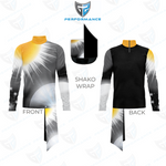 Front and back views of a long-sleeve performance uniform with a yellow mock turtleneck collar, a gray-to-black gradient design featuring a white sunburst graphic, a pale blue circular accent, and subtle star-like details, displayed alongside a matching shako wrap on a white background with a stylized logo above.