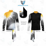 Front and back views of a long-sleeve performance uniform with a yellow mock turtleneck collar, a gray-to-black gradient design featuring a white sunburst graphic, a pale blue circular accent, and subtle star-like details, displayed alongside a matching shako wrap on a white background with a stylized logo above.