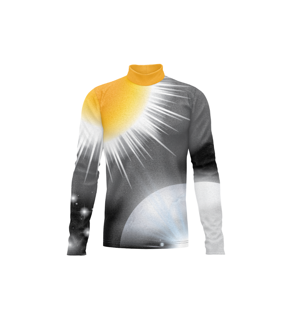 Front view of a long-sleeve performance uniform with a yellow mock turtleneck collar, a gray-to-black gradient body featuring a white sunburst graphic across the upper chest, a pale blue circular accent near the lower front, and subtle star-like details on the sleeve, displayed on a white background.