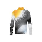 Front view of a long-sleeve performance uniform with a yellow mock turtleneck collar, a gray-to-black gradient body featuring a white sunburst graphic across the upper chest, a pale blue circular accent near the lower front, and subtle star-like details on the sleeve, displayed on a white background.
