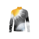Front view of a long-sleeve performance uniform with a yellow mock turtleneck collar, a gray-to-black gradient body featuring a white sunburst graphic across the upper chest, a pale blue circular accent near the lower front, and subtle star-like details on the sleeve, displayed on a white background.