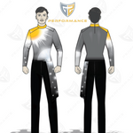 Front and back views of a marching band performance uniform worn by a model, featuring a yellow mock turtleneck collar, a gray gradient top with a white sunburst graphic and star-like accents, black pants, and an asymmetrical decorative sash, displayed on a white background with a stylized logo above.