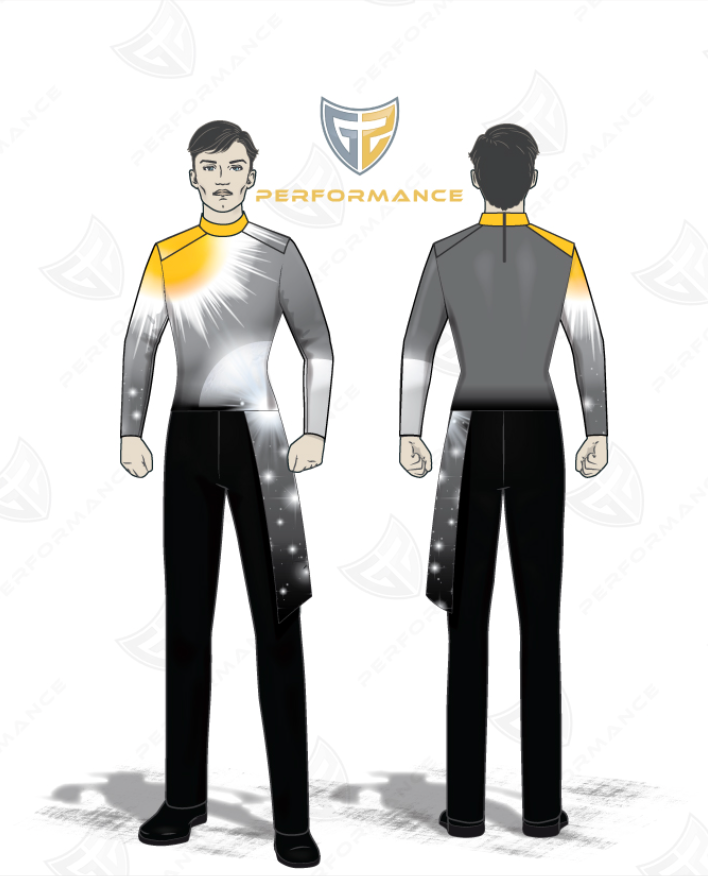 Front and back views of a marching band performance uniform worn by a model, featuring a yellow mock turtleneck collar, a gray gradient top with a white sunburst graphic and star-like accents, black pants, and an asymmetrical decorative sash, displayed on a white background with a stylized logo above.