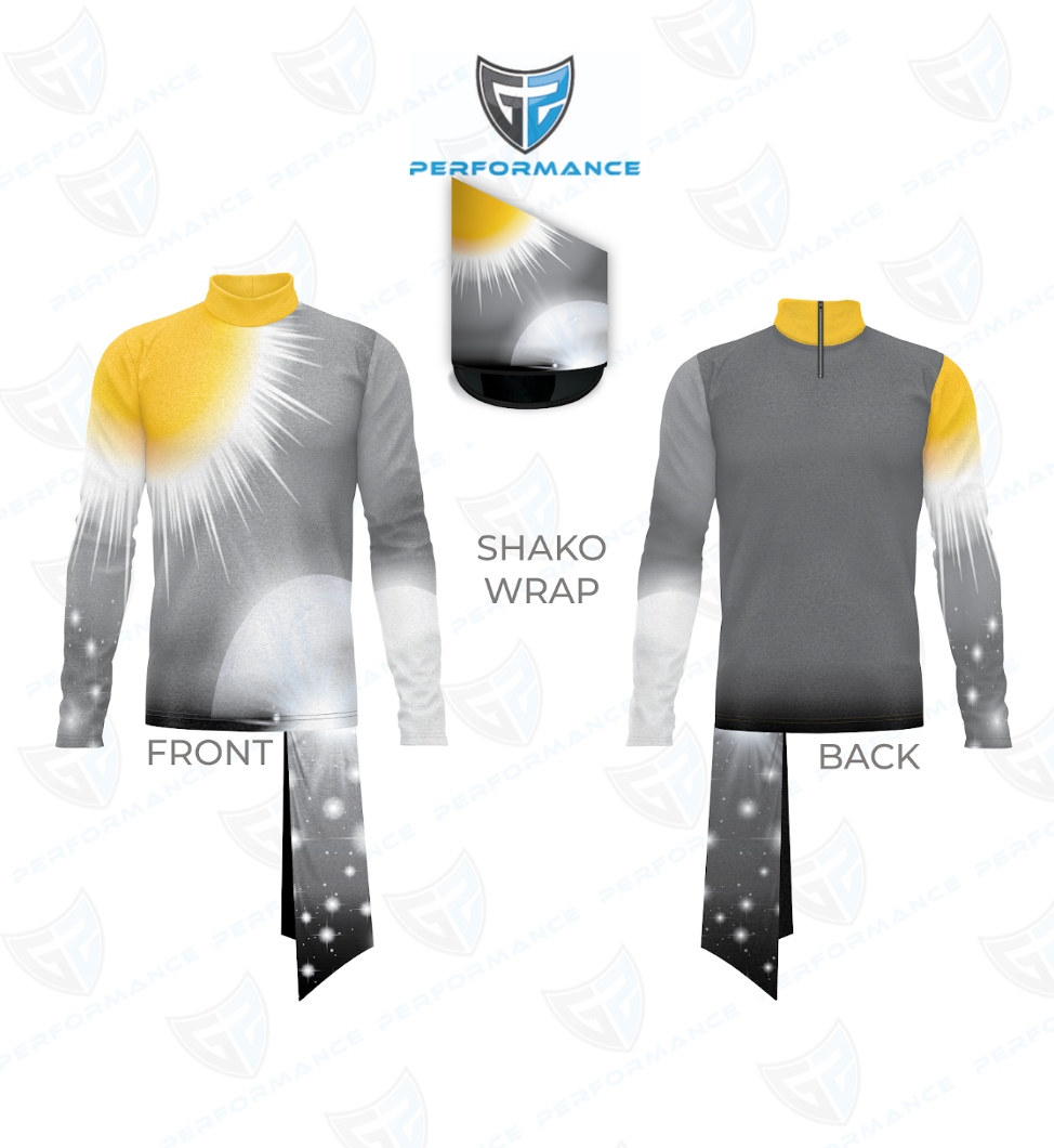 Front and back views of a long-sleeve performance uniform with a yellow mock turtleneck collar, a gray gradient design featuring a white sunburst graphic, and a black lower section with star-like accents, displayed alongside a matching shako wrap on a white background with a stylized logo above.