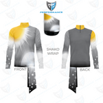 Front and back views of a long-sleeve performance uniform with a yellow mock turtleneck collar, a gray gradient design featuring a white sunburst graphic, and a black lower section with star-like accents, displayed alongside a matching shako wrap on a white background with a stylized logo above.
